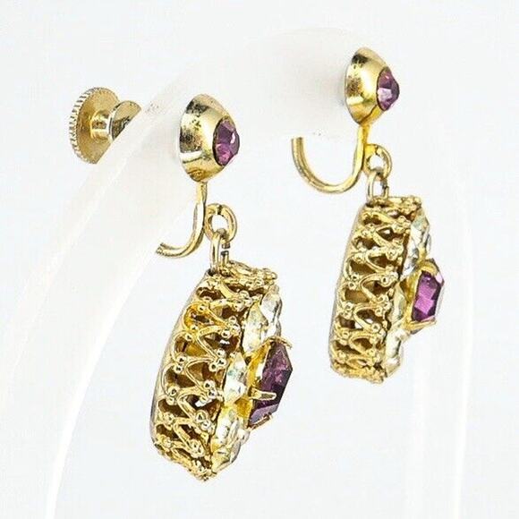 Vintage Large Coro Screw Back Dangle Earrings Clear Purple Rhinestones - Picture 3 of 5